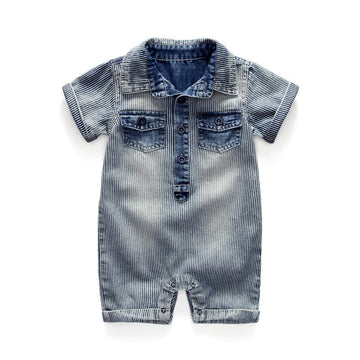 Baby Denim Striped Romper with Hat