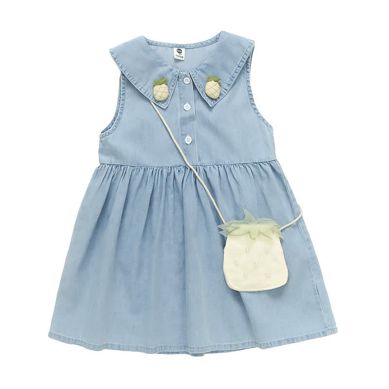 Toddler Girl Pineapple Lapel Collar Denim Dress with Bag