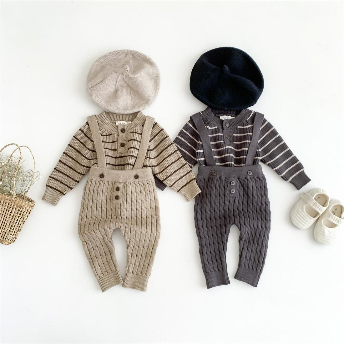 Baby Button Broad-striped Knitted Sweater Overalls