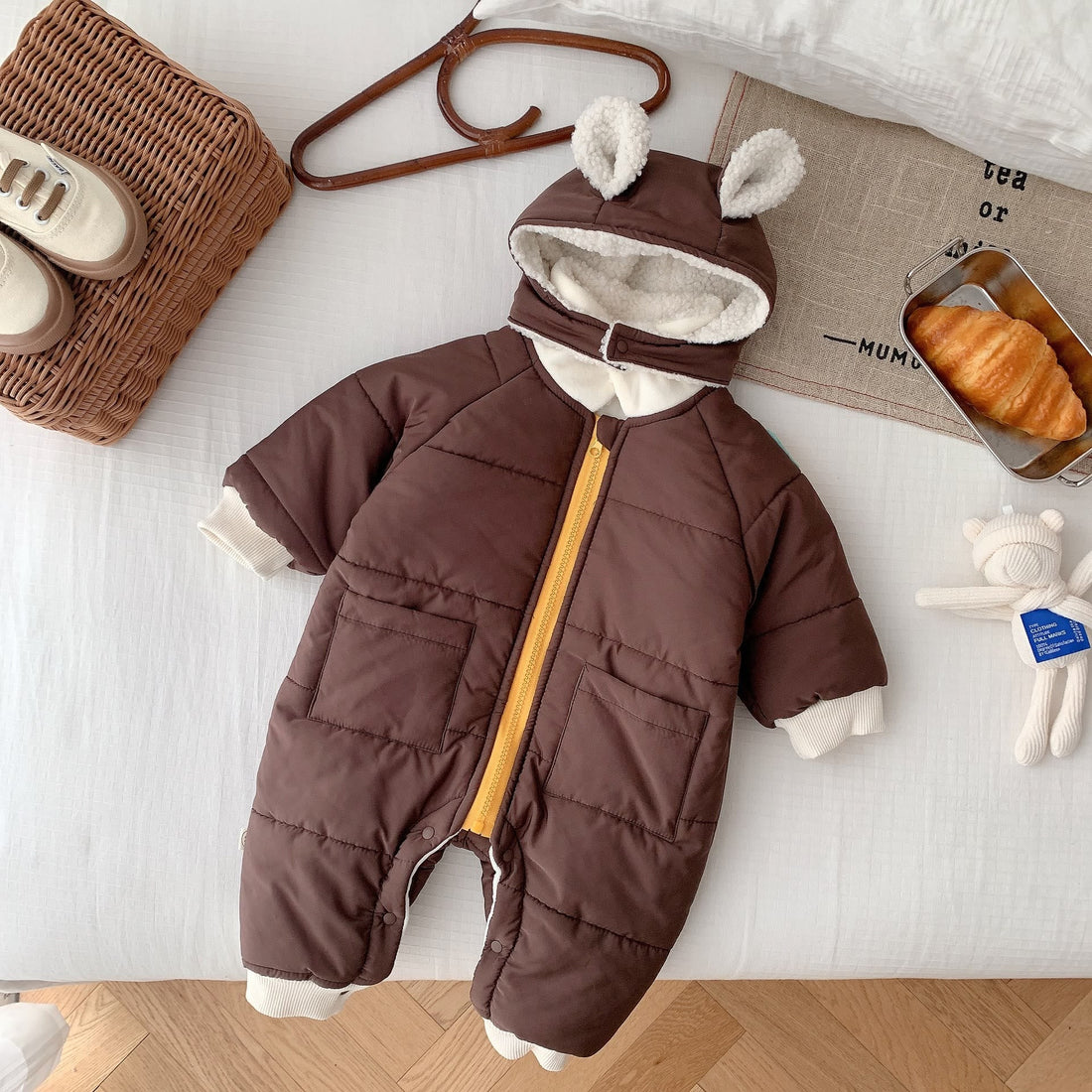 Baby Fleece Brown Bear Romper with Hat