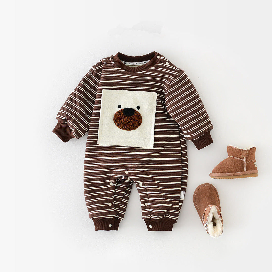 Baby Patch Bear Brown Striped Fleece Lined Romper