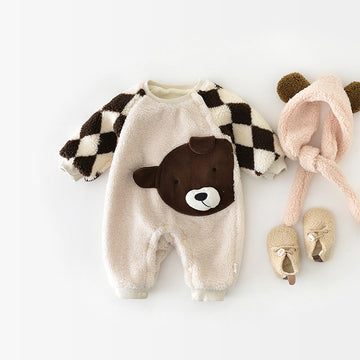 Baby Fleece Bear Check Sleeves Romper