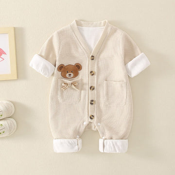 Baby Bear Bow Pocket Button Waffle Romper