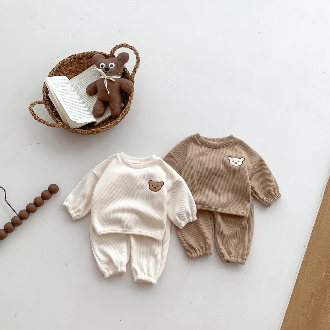 Baby Earthy Color Bear Thin Ribbed 2 Pieces Set