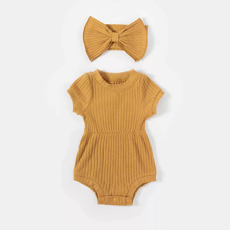 Baby Solid Color Ribbed Newborn Bodysuit with Headband