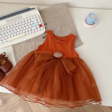 Toddler Girl Bear Sleeveless Orange Tulle Dress