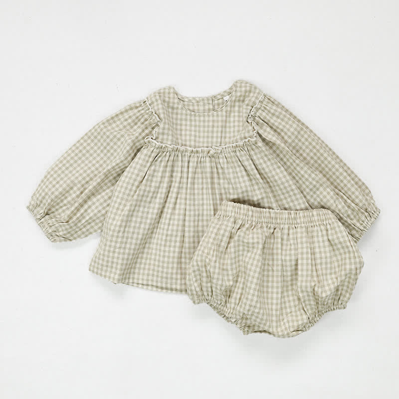 Baby Plaid Puff Sleeve Top & Shorts Set