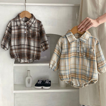 Baby Plaid Lapels Pocket Retro Style Bodysuit