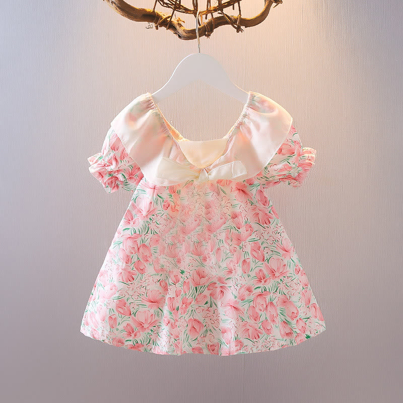 Toddler Girl Flower Bowknot Lace Collar Dress