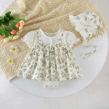 Baby Floral Splicing Skirted Bodysuit with Hat