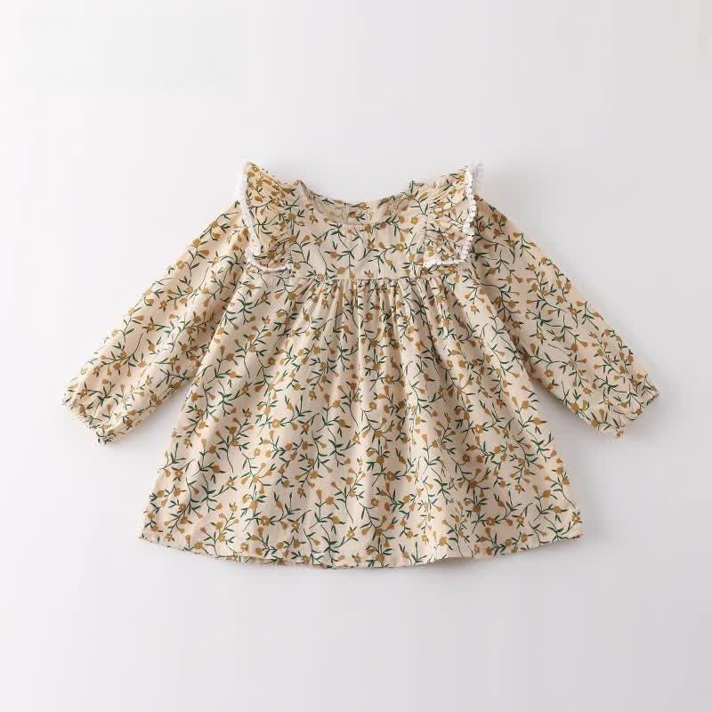 Toddler Girl Retro Flower Crew Neck Lace Trim Dress