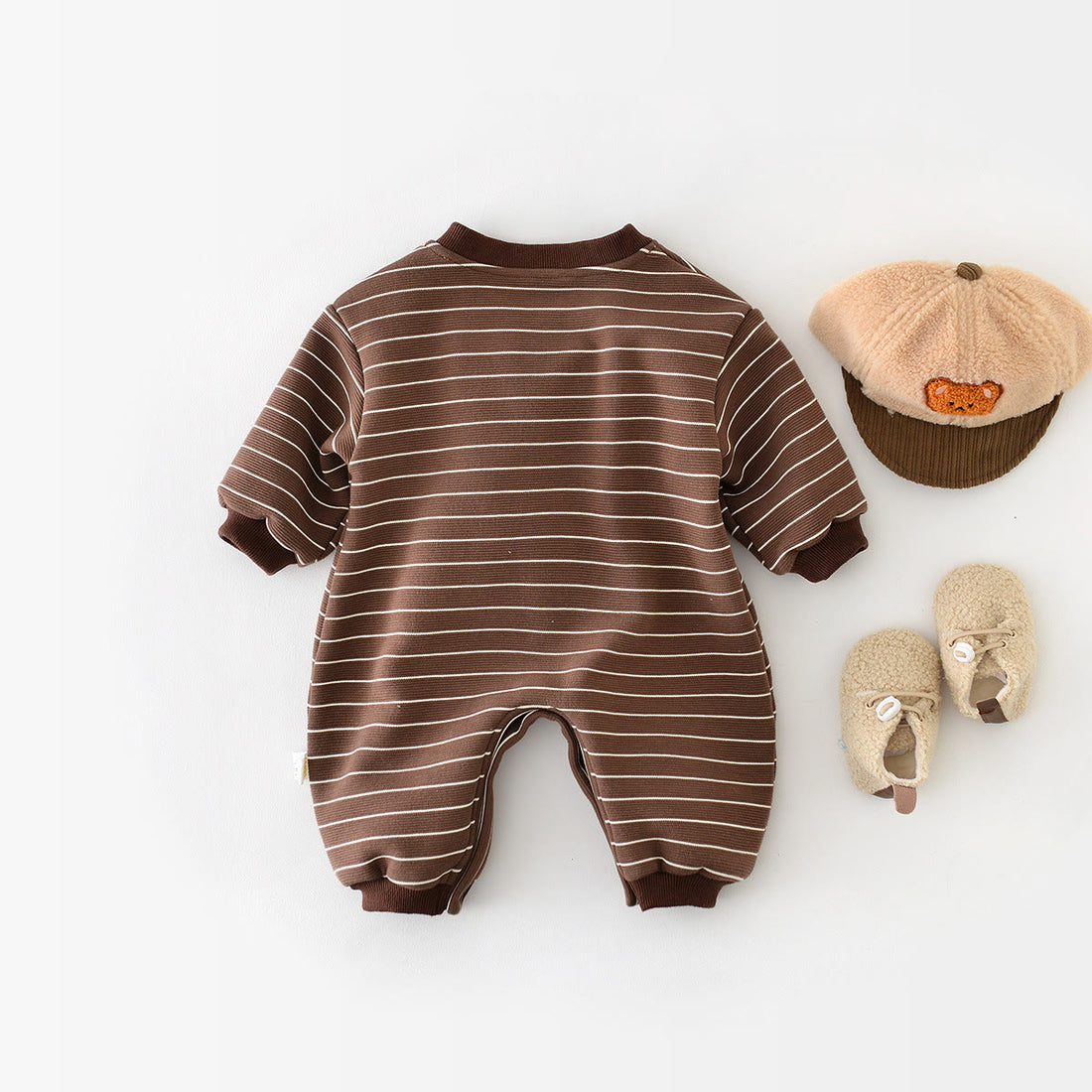 Baby Button Bear Brown Striped Fleece Lined Romper