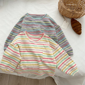 Toddler Colorful Striped Pocket Waffle Sweatshirt