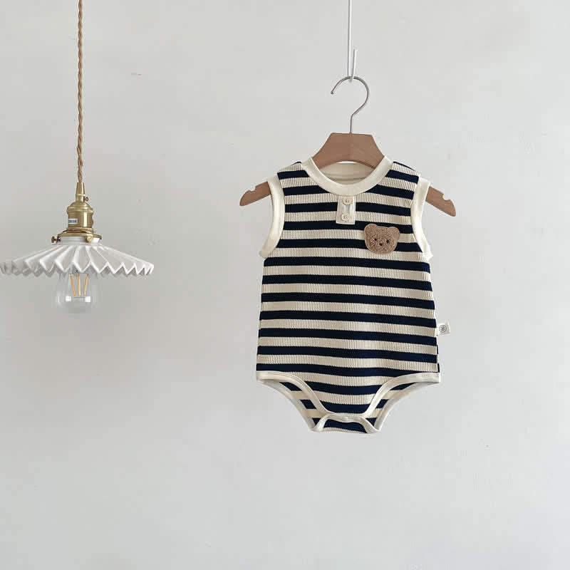 Baby Embroidered Bear Striped Sleeveless Bodysuit