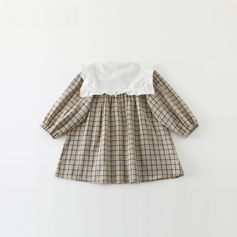 Toddler Girl Retro Plaid Lace Lapel Collar Trim Dress