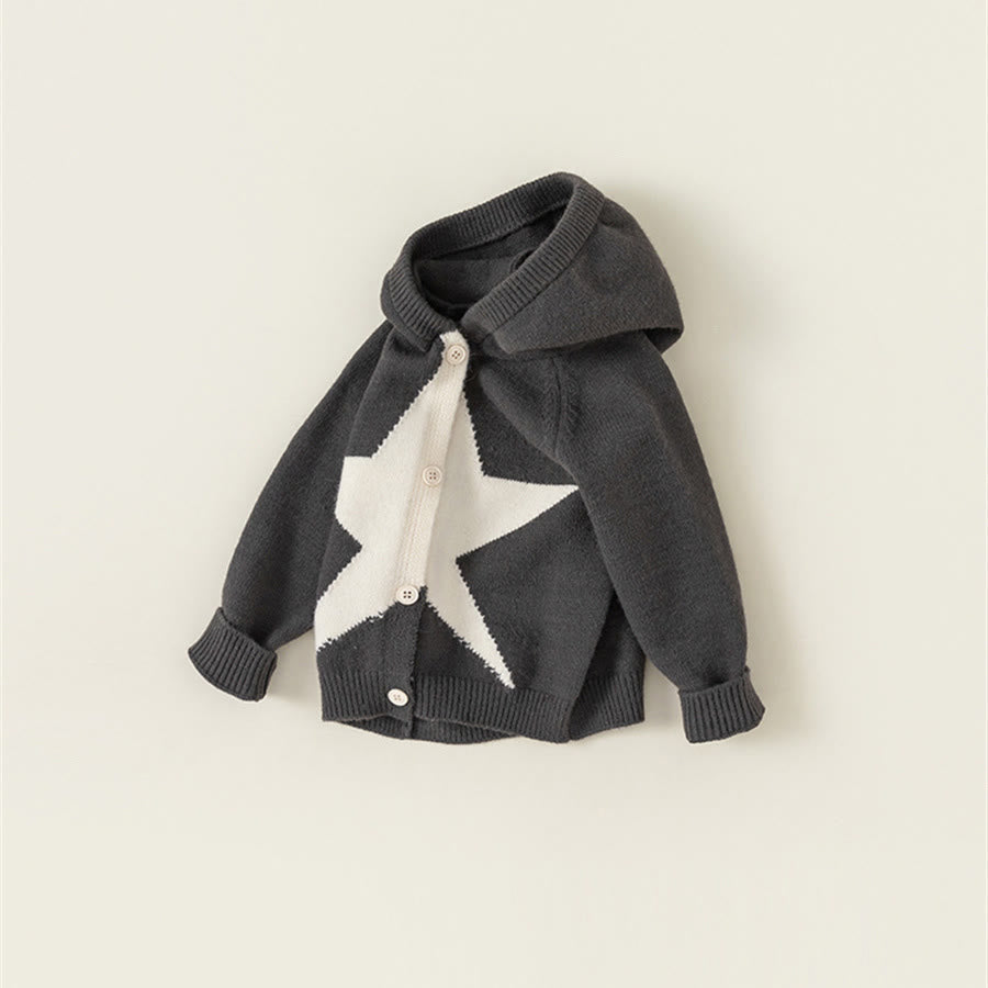 Toddler Star Button Hooded Grey Knitted Coat