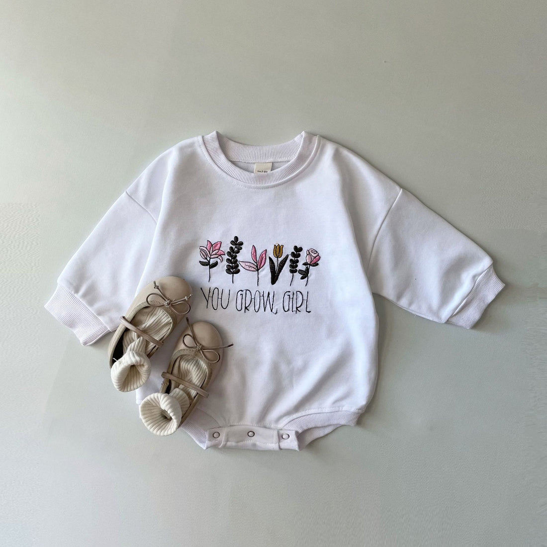 Baby Embroidered Slogan Leaf Flower Bodysuit