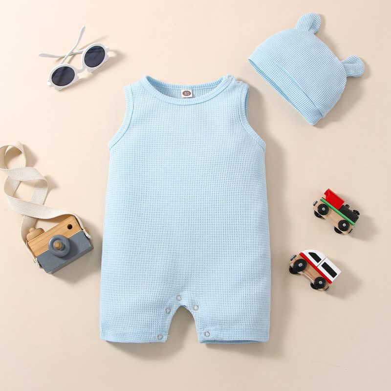 Baby Solid Color Sleeveless Romper with Hat