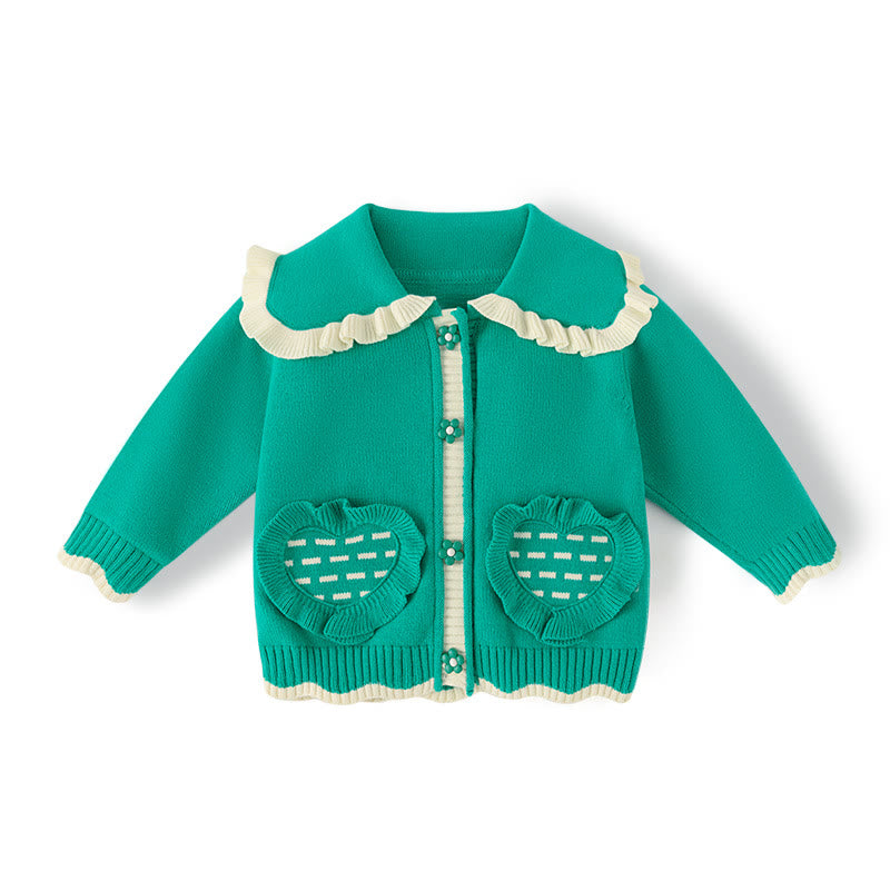 Toddler Girl Knitted Lapels Heart Cardigan