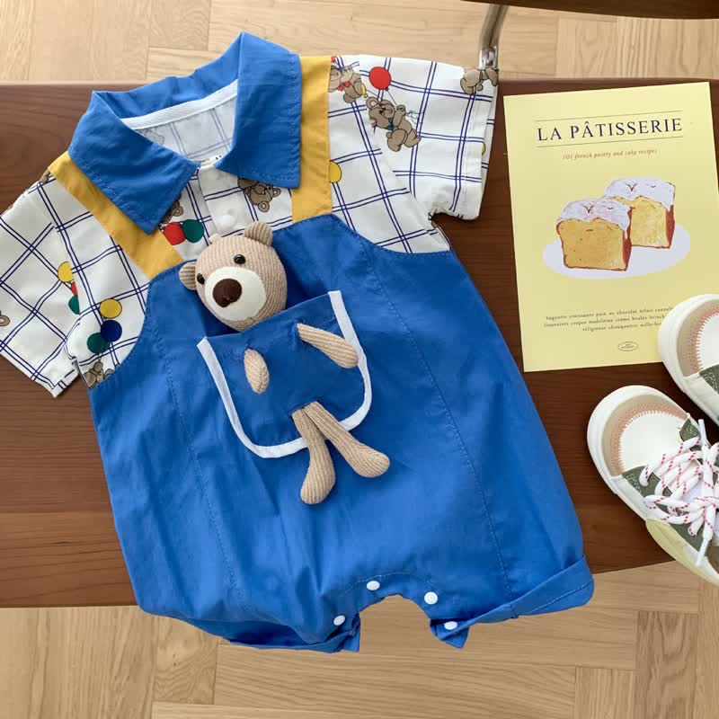 Baby Plaid Bear Splicing Polo Romper