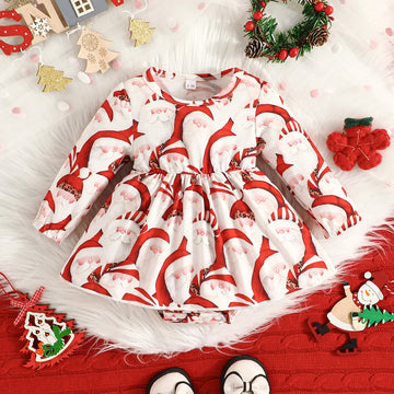 Baby Girl Christmas Cartoon Santa Claus Skirted Bodysuit