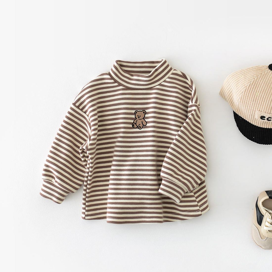 Baby High Collar Striped Embroidered Bear Brown Sweatshirt