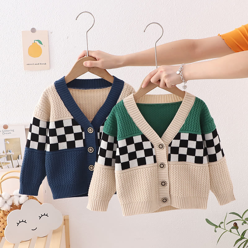 Toddler Boy V-neck Plaid Knitted Design Cardigan