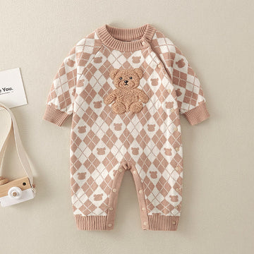 Baby Diamond Bear Coffee Knitted Romper