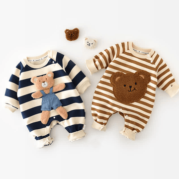 Baby Striped Bear Fleece Lined Romper