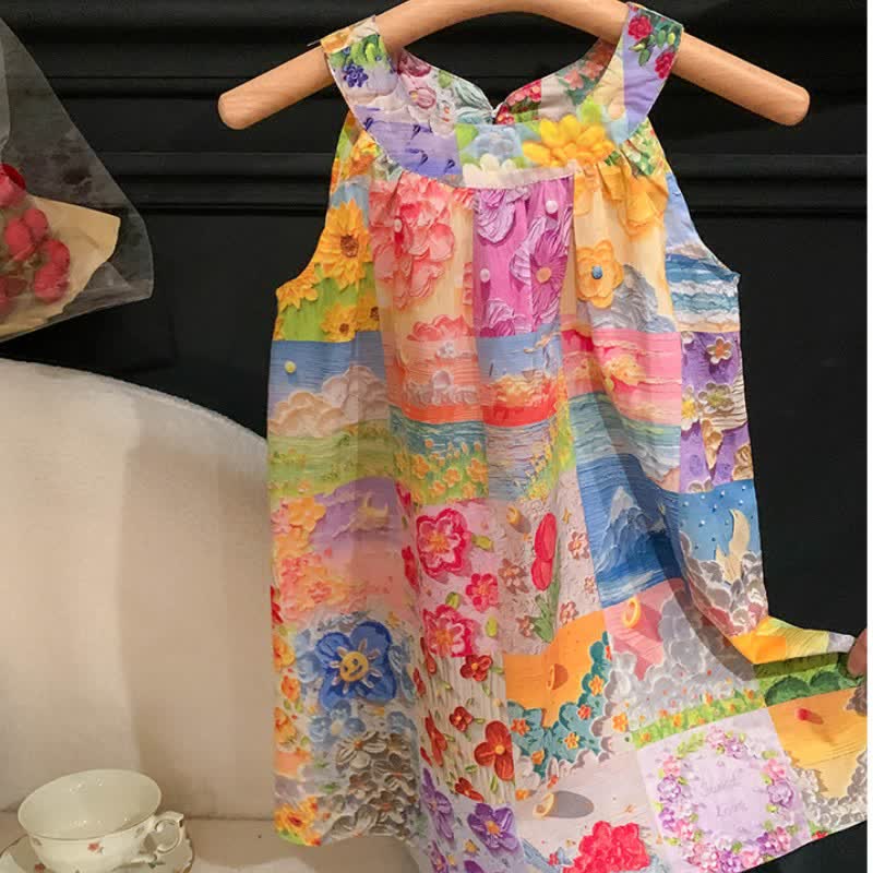 Toddler Girl Plaid Flower Summer Halter Neck Dress