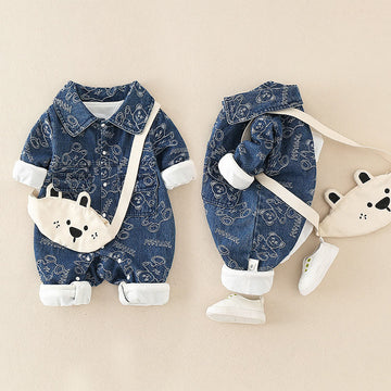 Baby Lapels Denim Teddy Slogan Romper with Bag