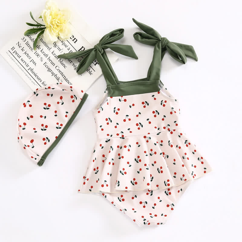 Toddler Girl Cherry Strap Swimsuit with Cap