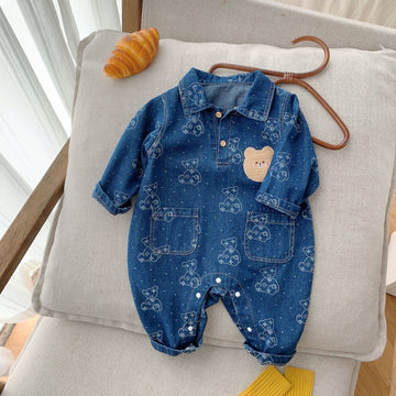 Baby Blue Embroidered Bear Denim Collar Romper