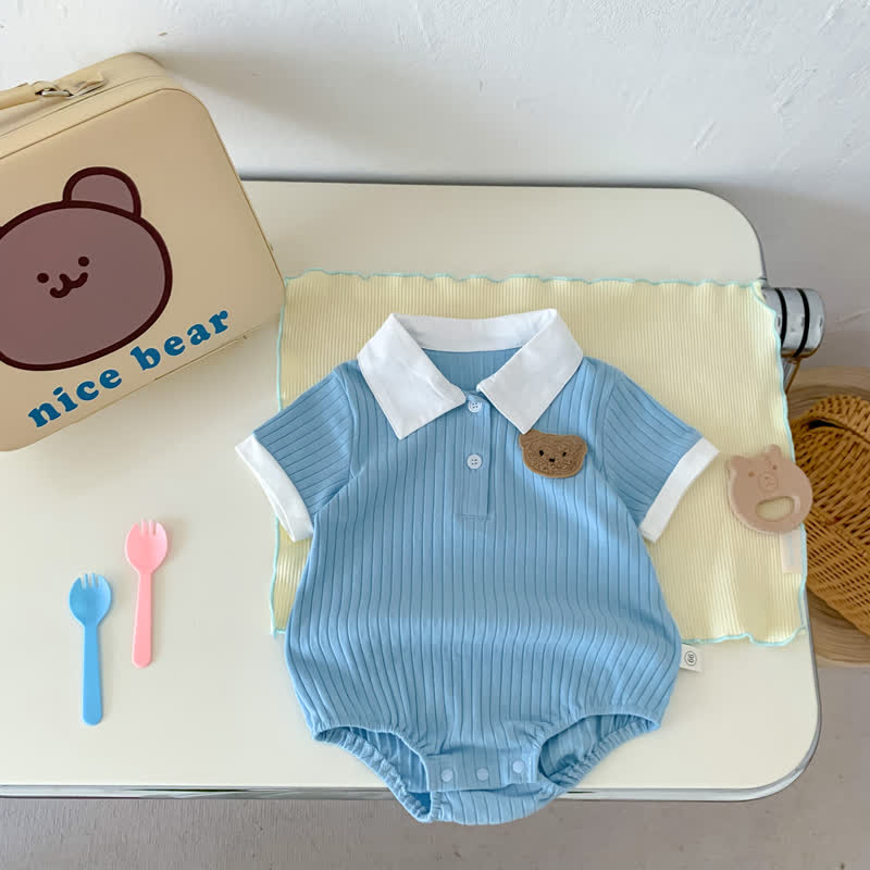 Baby Embroidered Bear Lapel Ribbed Bodysuit