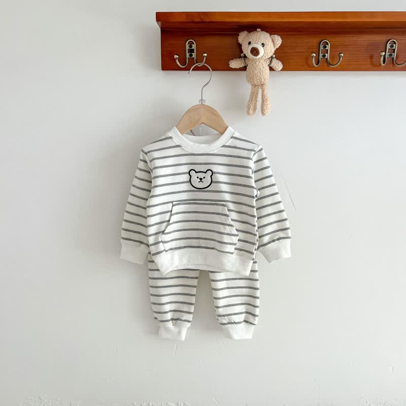 Baby Embroidered Striped Bear Sweatshirt and Pants Set