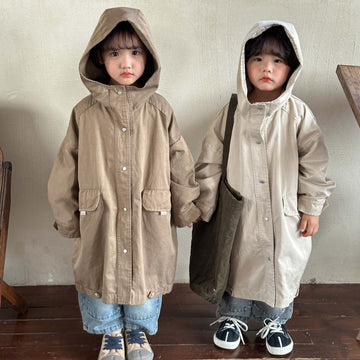 Toddler Long-style Earthy Solid Color Hooded Coat