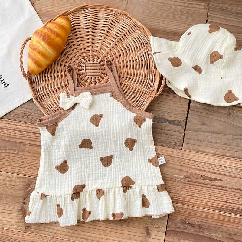 Baby Bear Floral Bowknot Strap Dress with Hat