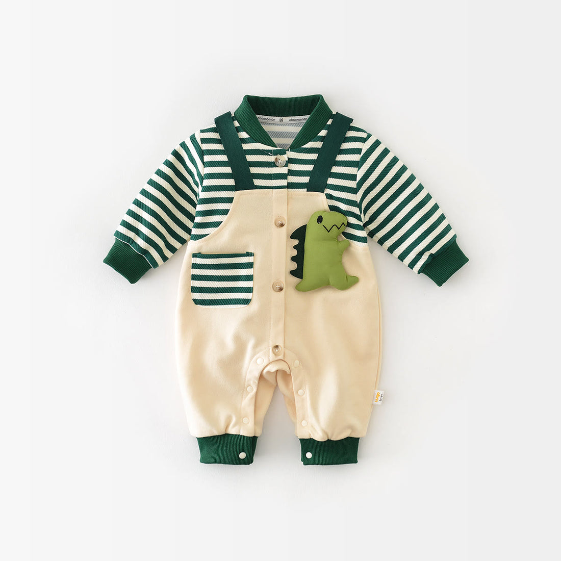 Baby Dinosaur Green Striped Fake 2 Pieces Romper