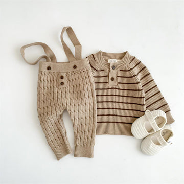 Baby Button Broad-striped Knitted Sweater Overalls