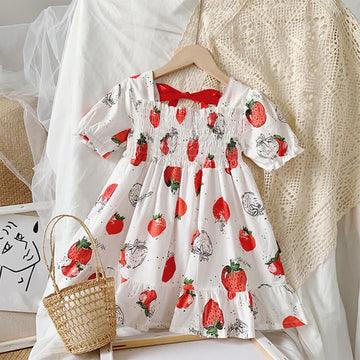 Toddler Girl Strawberry Bowknot Smocked Dress