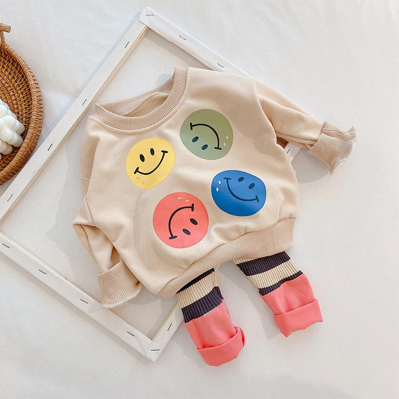 Baby Smiling Face Sweatshirt & Striped Leggings Set