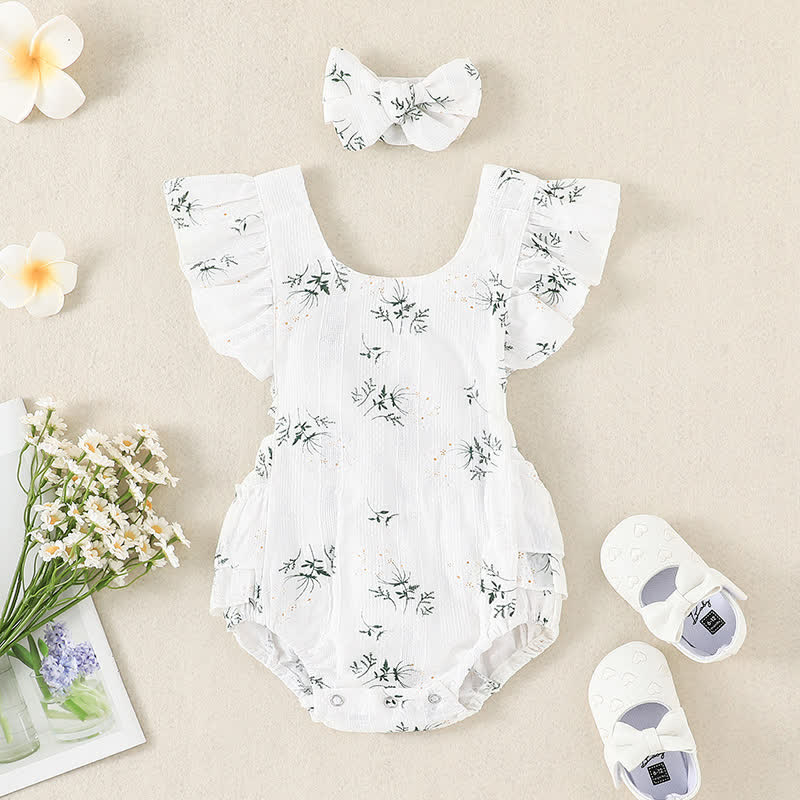 Baby Vintage Flowers Ruffled Trim Bodysuit with Headband