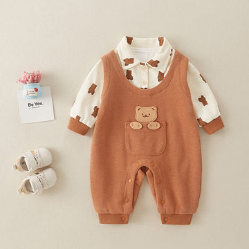 Baby Bear Lapels Fake 2 Pieces Brown Romper