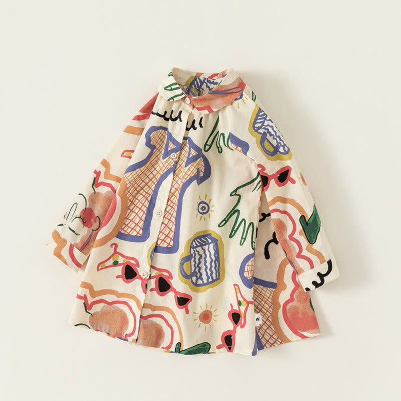 Toddler Girl Abstract Graffiti Lapel Collar Dress