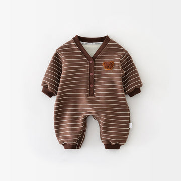 Baby Button Bear Brown Striped Fleece Lined Romper