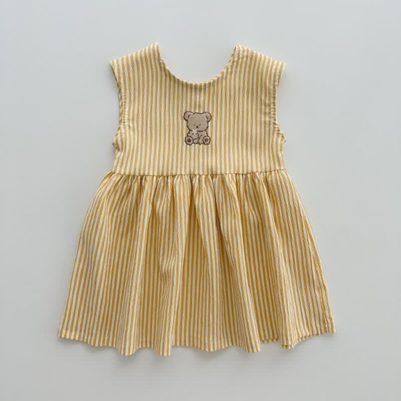 Toddler Girl Embroidered Bear Striped Dress