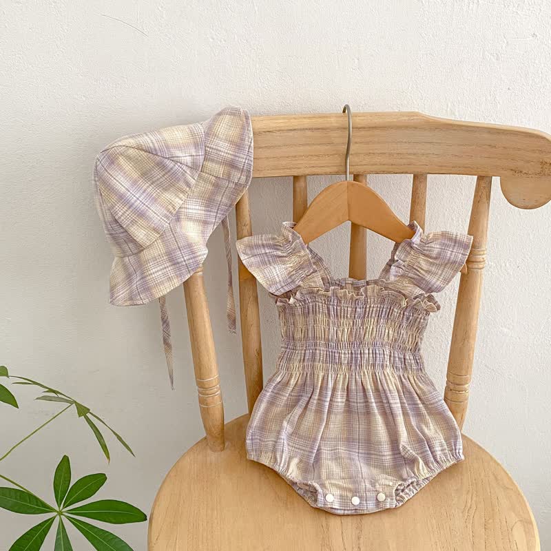 Baby Smocked Plaid Strap Bodysuit with Hat