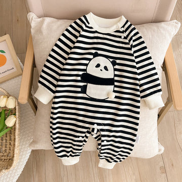 Baby Round Neck Panda Black Striped Romper