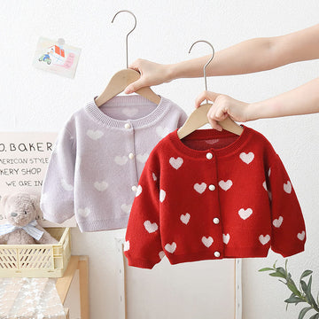 Toddler Girl Knitted Heart Puff Sleeves Cardigan