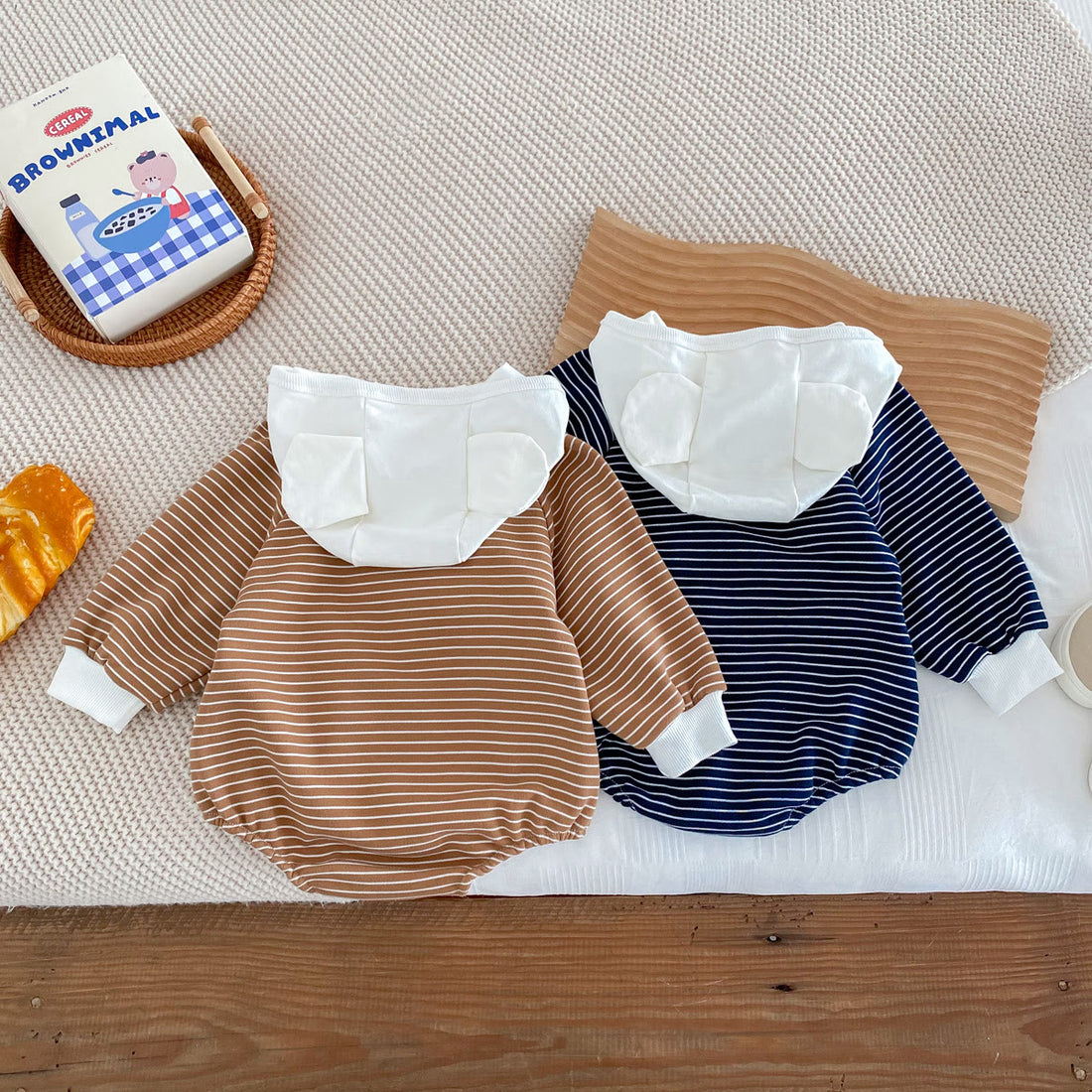 Baby Scarf Bear Patch Striped Hooded Bodysuit